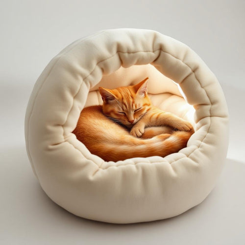Cozy cream cave cat bed with sleeping ginger cat