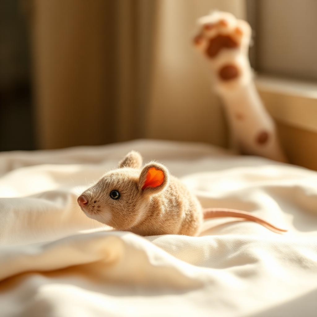 Plush catnip mouse toy on cream linen with cat paw