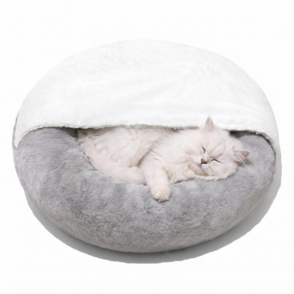 Cozy Cave Cat Bed with white cat