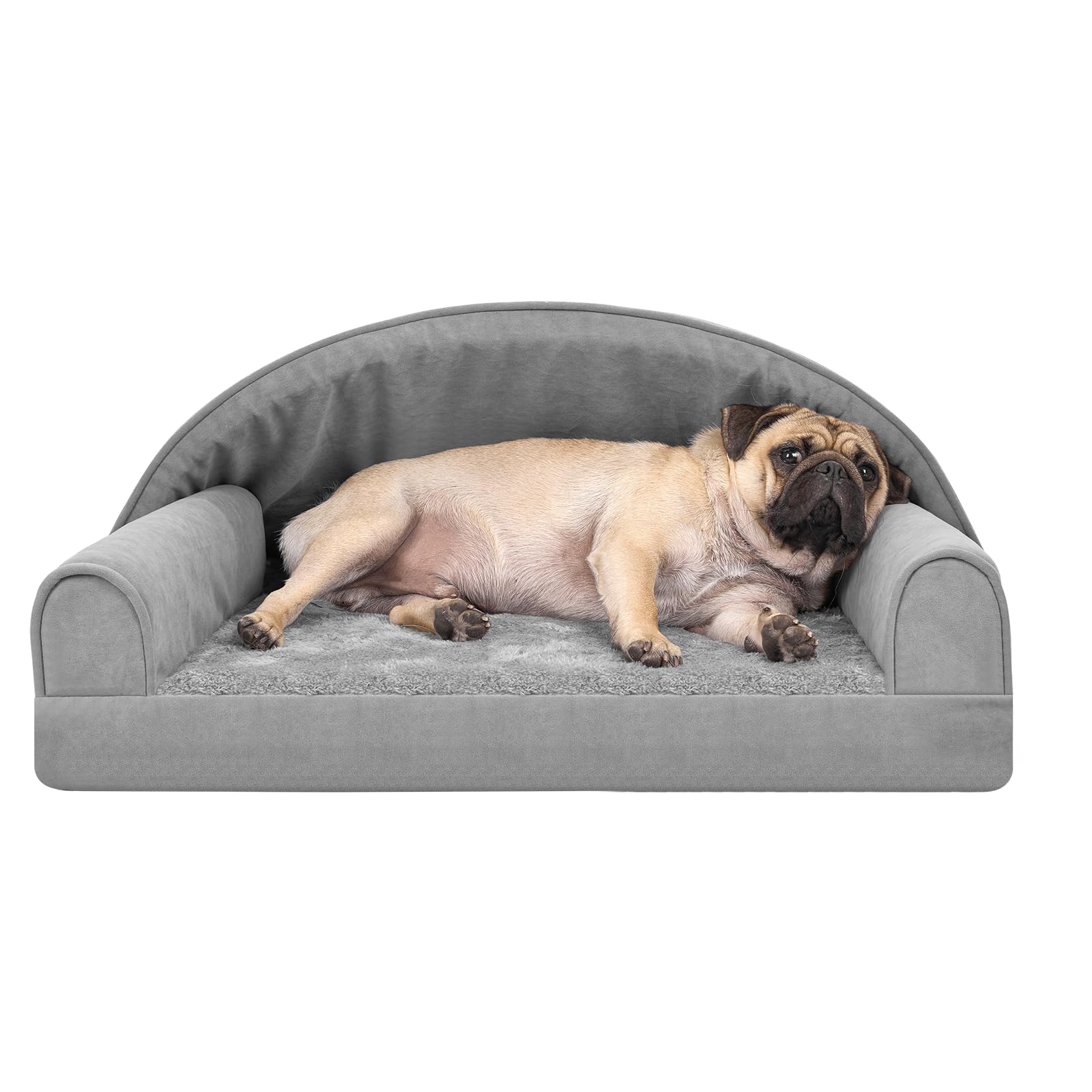 Pug relaxing on grey memory foam couch dog bed